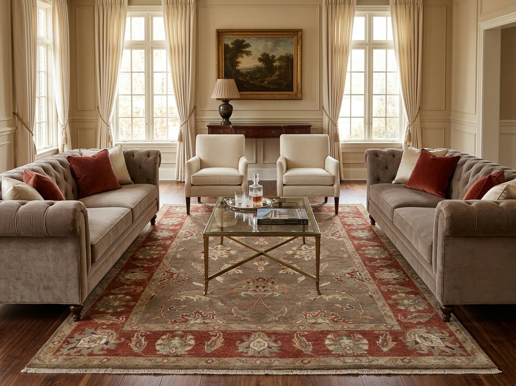 Living room with beige sofas, armchairs, and a large rug.