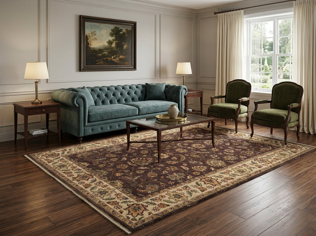 Living room with a blue sofa, green chairs, and a large rug.