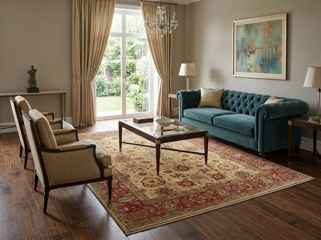 Living room with teal sofa, beige chairs, and a large rug.