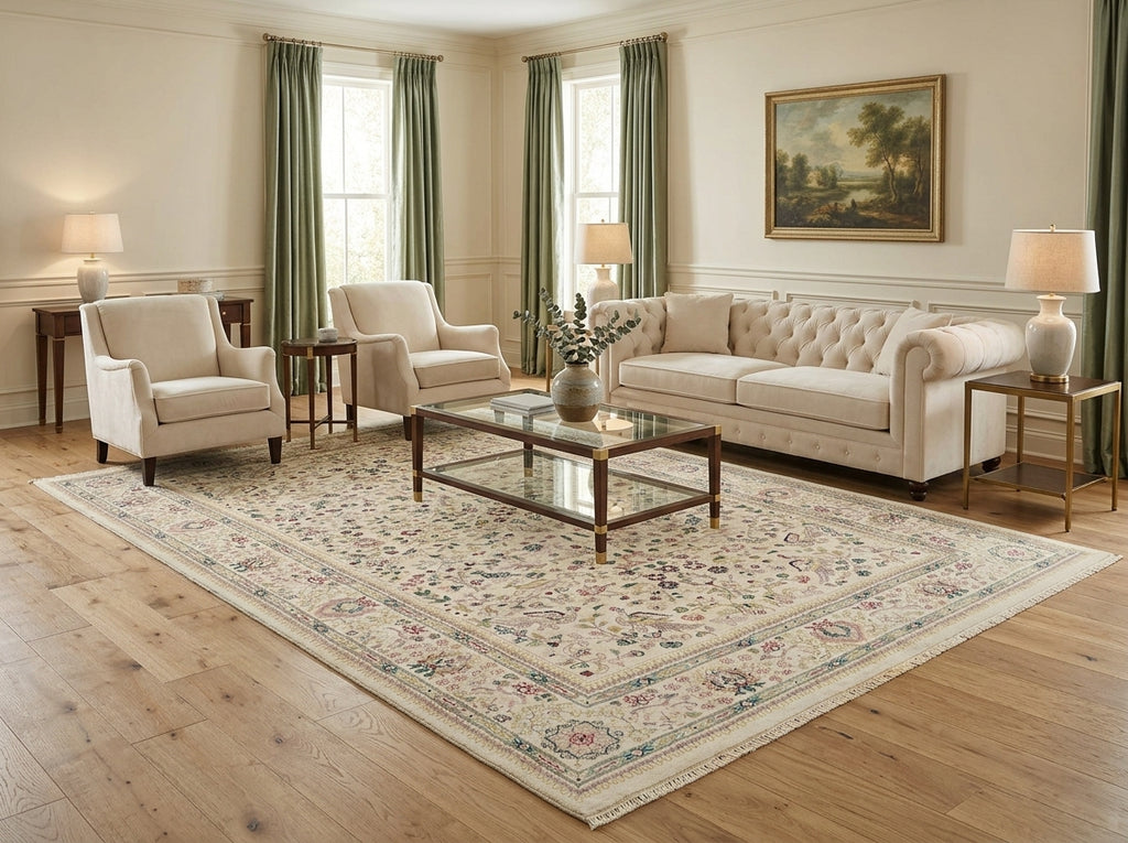 Living room with beige sofa, armchairs, and coffee table on a large patterned rug.