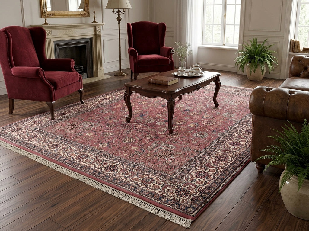 A large traditional Persian-style area rug with a red, beige, and blue floral pattern, styled in a classic living room with two red wingback armchairs, a dark wood coffee table, and hardwood floors.