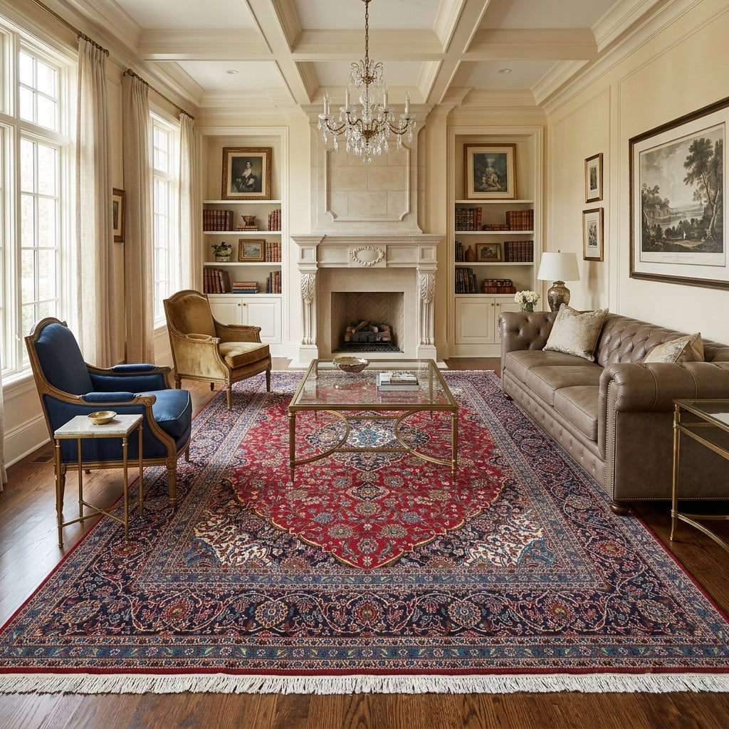 10 x 13 Persian Hand-Knotted Kashan Rug Red Blue Traditional #F-3116