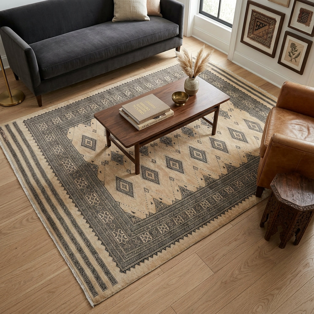4 x 5.8 Hand-Knotted Bokhara Jaldar Rug Geometric Diamond Pattern  #B-75631