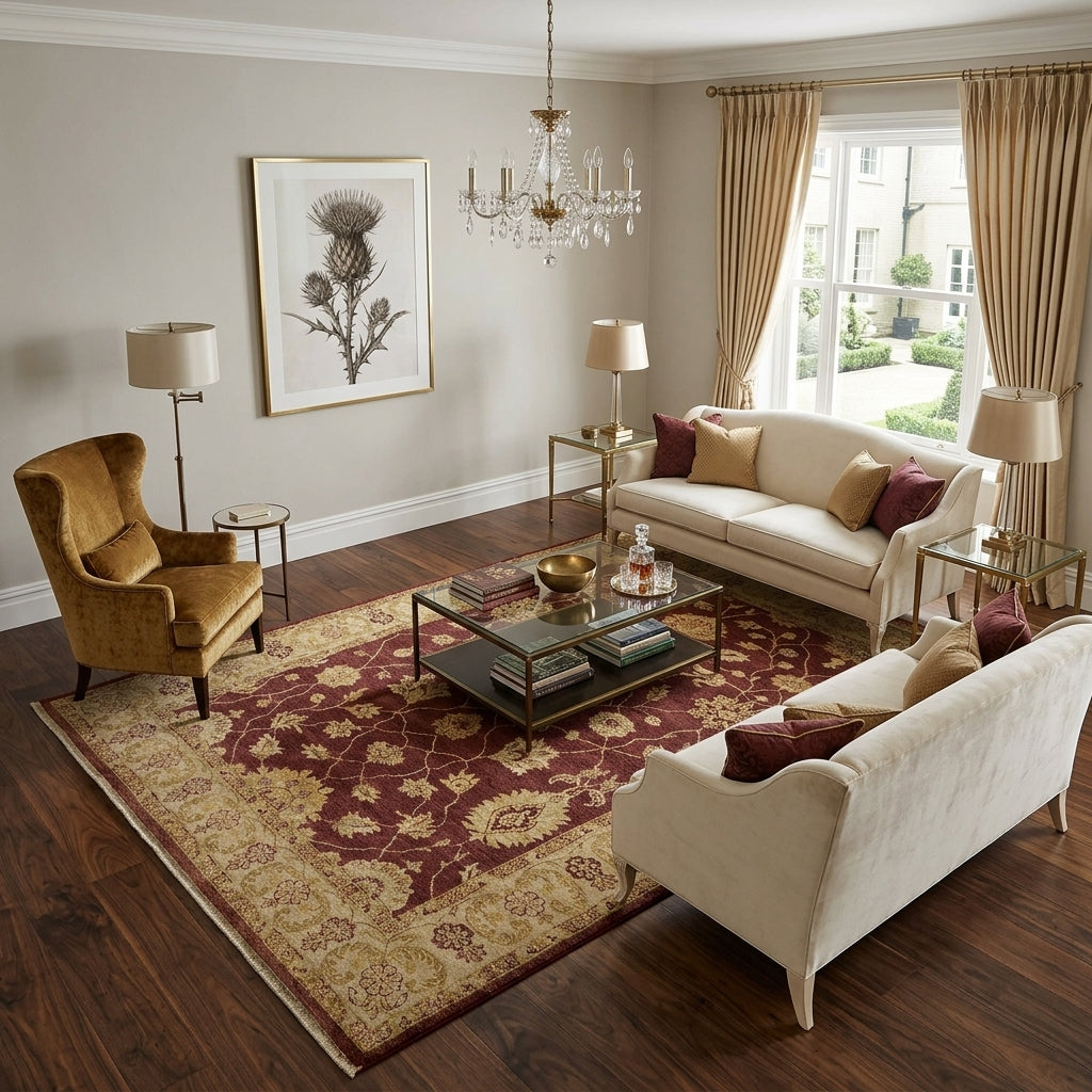 Living room with beige sofas, armchair, coffee table, and decorative elements.