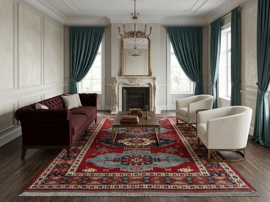 6.7 x 9 Hand-Knotted Kazak Chechen Rug Wool On Wool #F-3184
