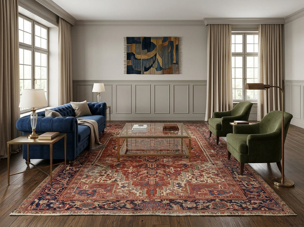 Living room with blue sofa, green chairs, and a large rug.