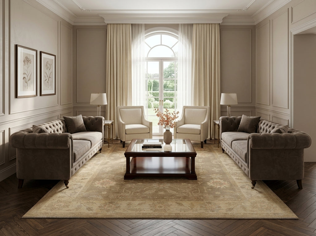 Elegant living room with gray sofas, armchairs, and a coffee table.