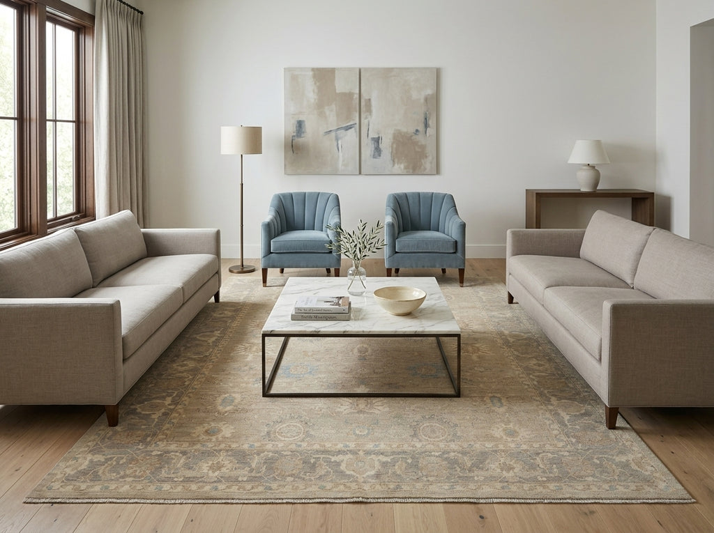 Modern living room with beige sofa, blue armchairs, and a coffee table.