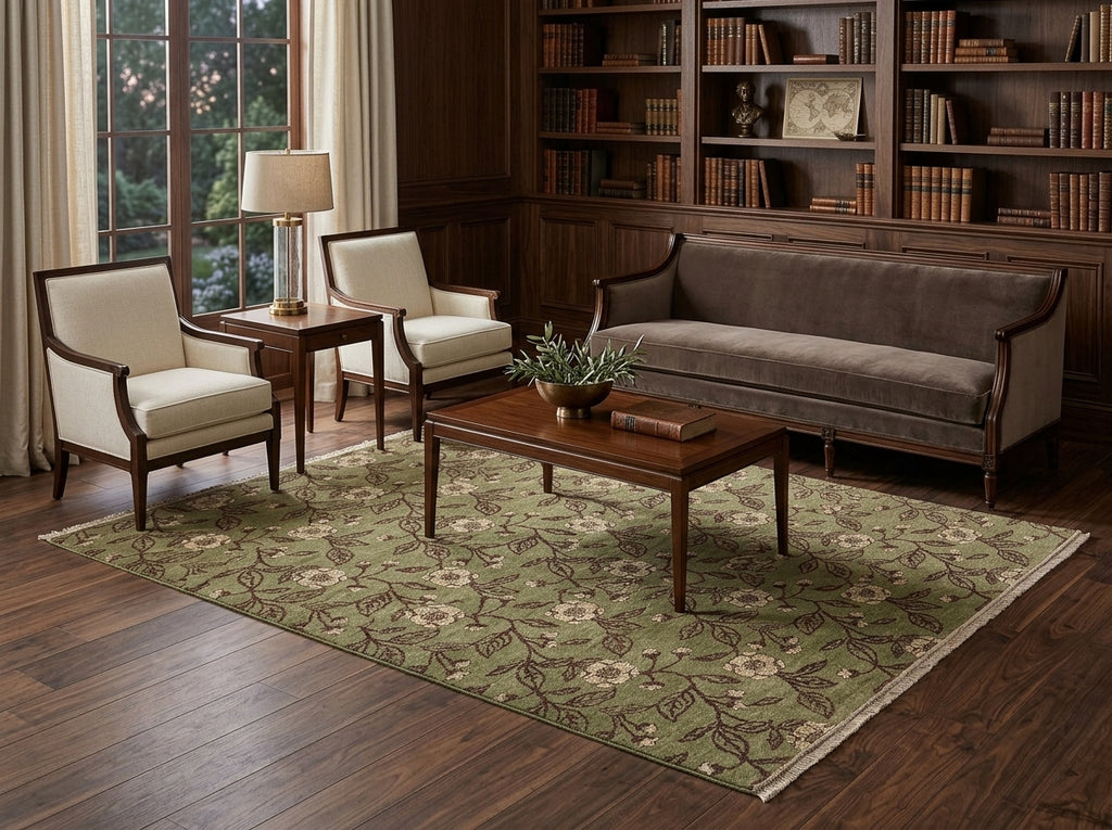 Living room with brown sofa, two chairs, and a coffee table on a patterned rug.