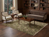 Load image into Gallery viewer, Living room with brown sofa, two chairs, and a coffee table on a patterned rug.