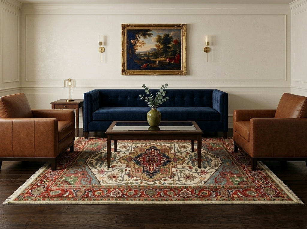 Living room with blue sofa, brown armchairs, and decorative rug.