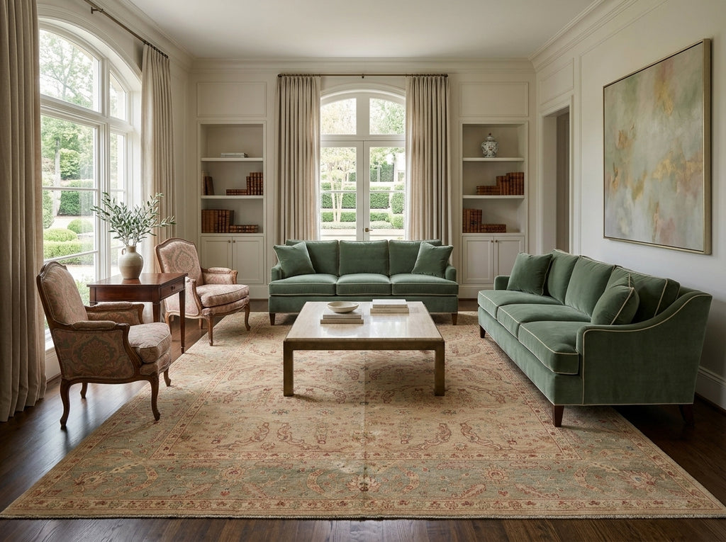 Living room with green sofas, wooden coffee table, and large windows.