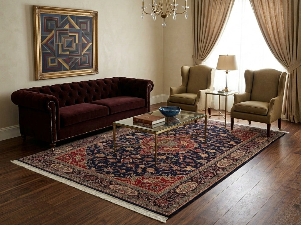 Living room with a dark red sofa, patterned rug, and ornate wall art.