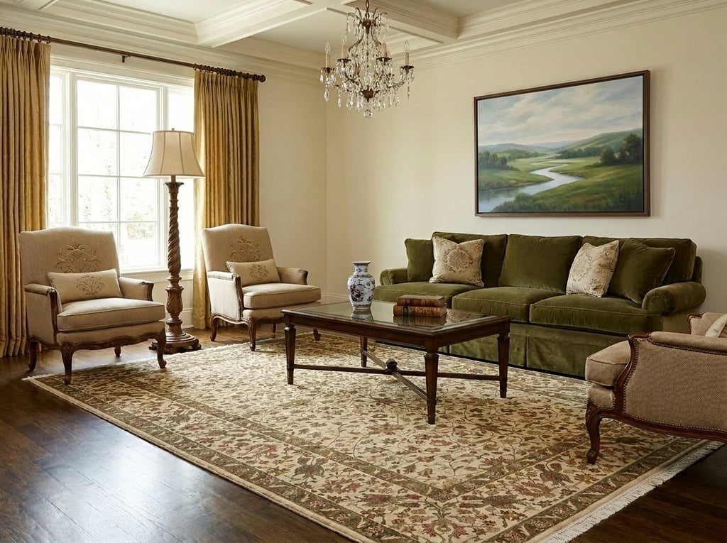 Living room with green sofa, beige armchairs, and a painting on the wall.