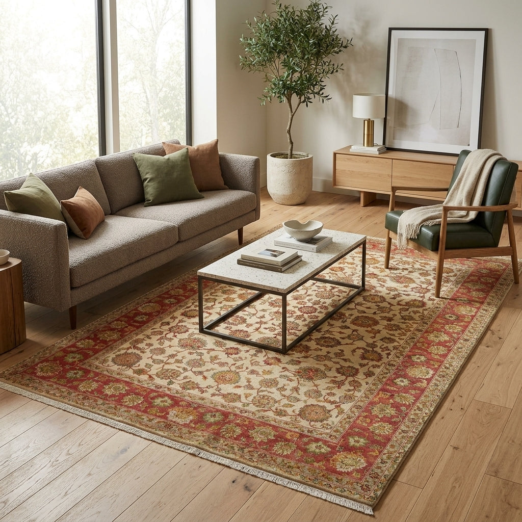 Living room with a patterned rug, sofa, coffee table, and decorative items.