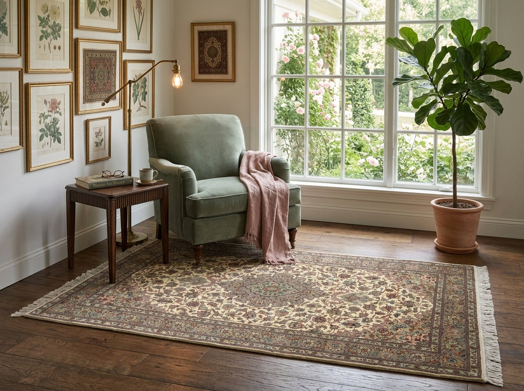 Cozy living room with a decorative rug.