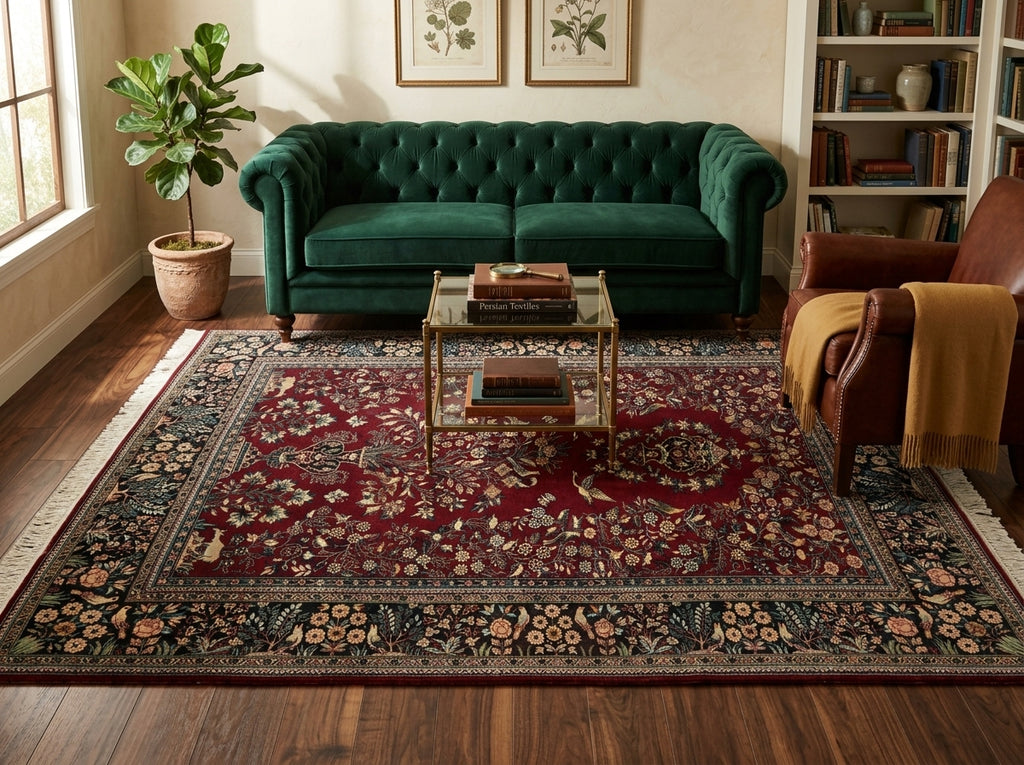 Green velvet sofa in a living room with a patterned rug, coffee table, and bookshelf.