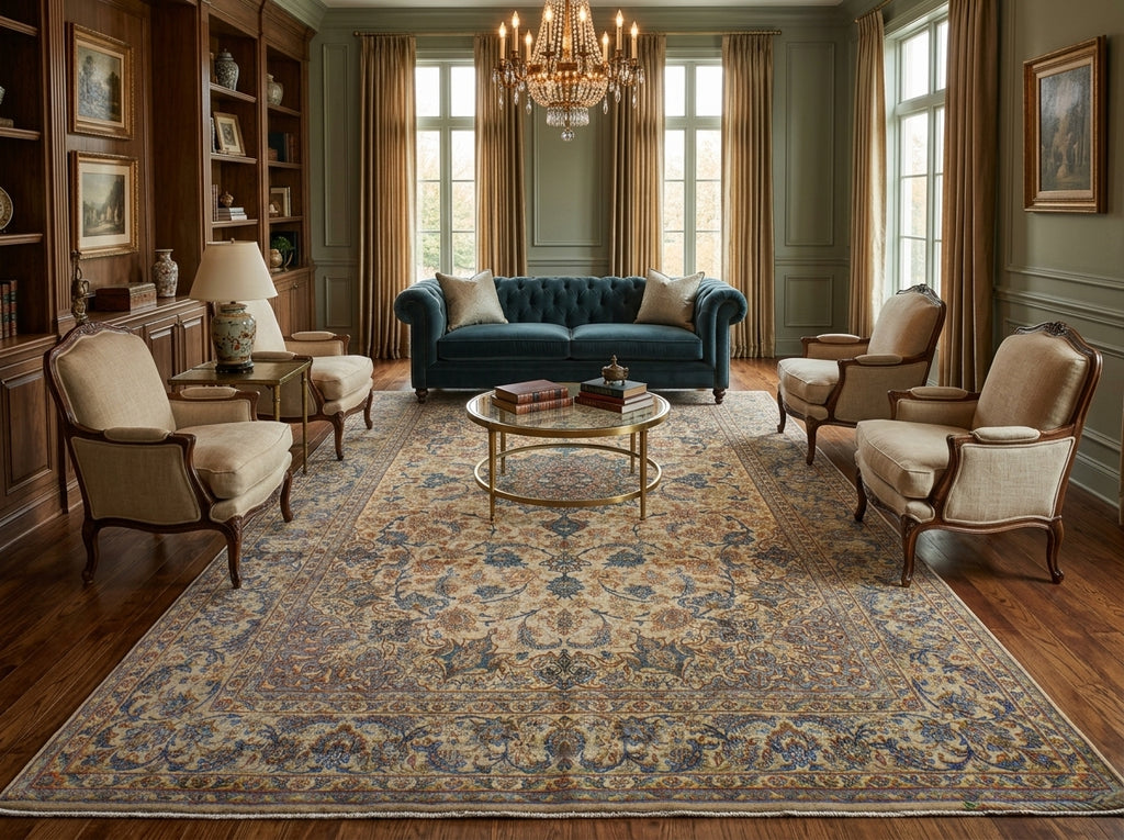 A large traditional oriental area rug in blue, beige, and gold tones, styled in a classic, elegant living room with a teal sofa, cream armchairs, a glass-top coffee table, and wood paneling.