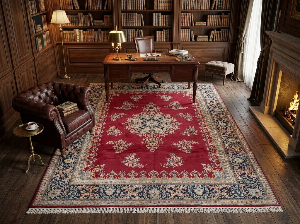 A large traditional oriental area rug with a red field, beige and blue floral motifs, and white fringe, styled in a classic wood-paneled study with a leather armchair, desk, and fireplace.
