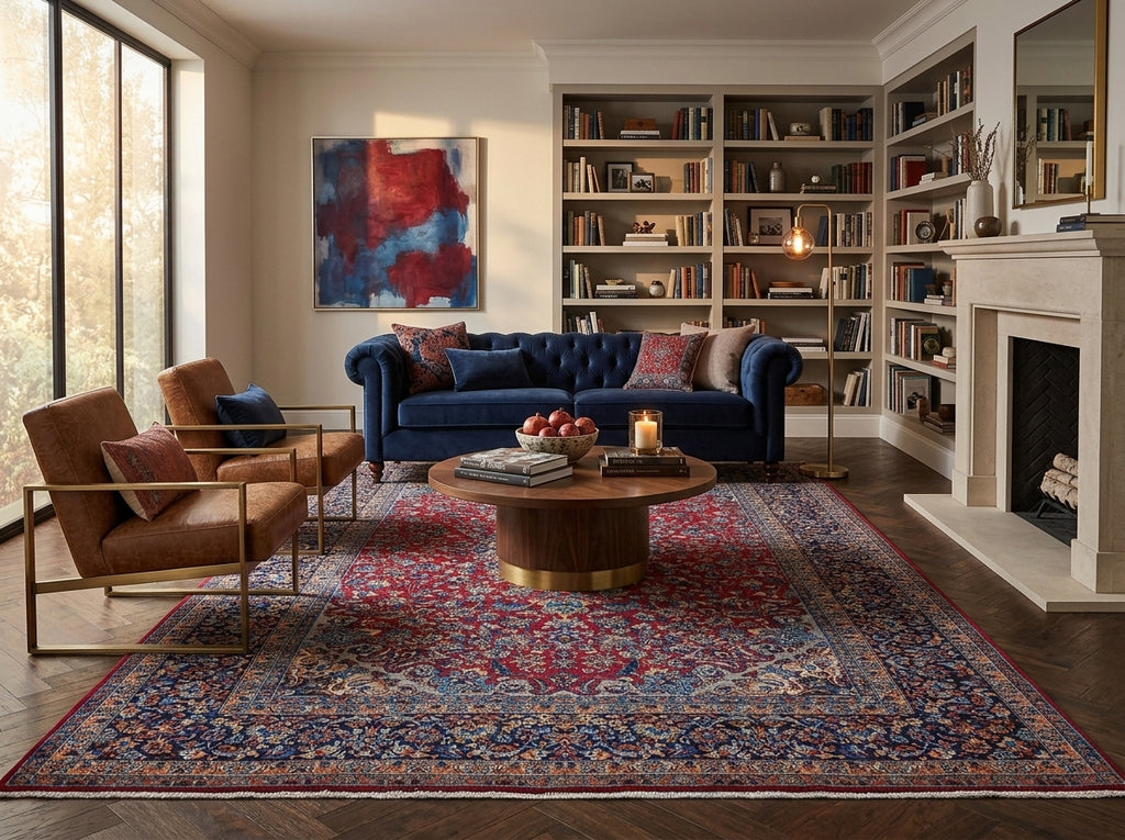 A styled living room featuring a deep blue tufted sofa, two brown armchairs with gold frames, a round wooden coffee table, a large red and blue patterned oriental rug, and built-in bookshelves beside a fireplace.