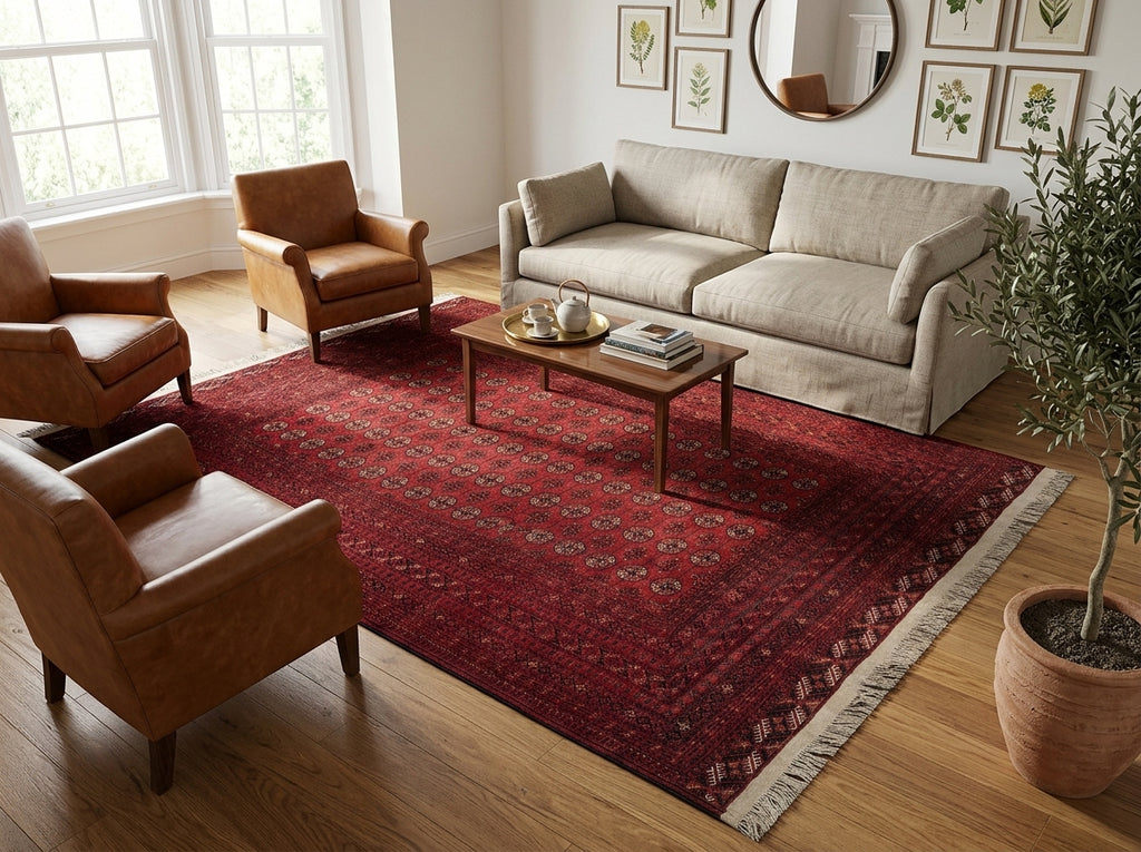A large red patterned area rug with fringe, styled in a bright living room with a beige sofa, two brown leather armchairs, a wooden coffee table, and a potted plant.