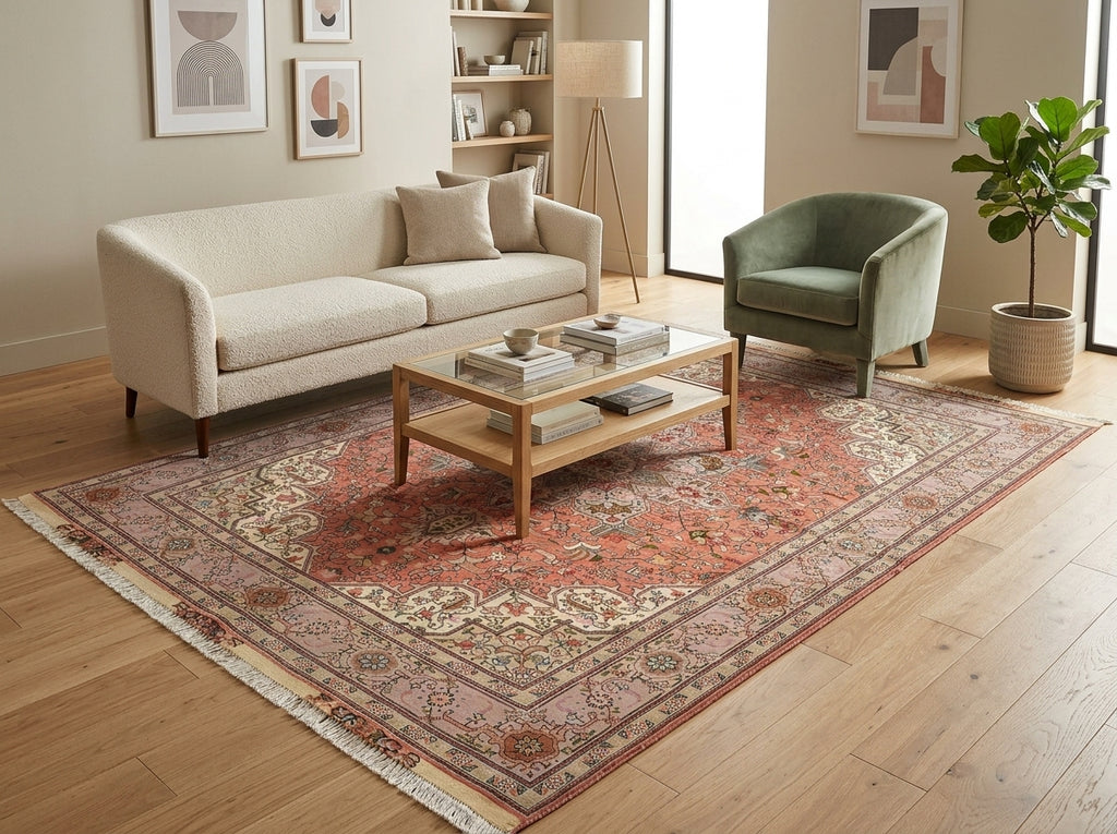 A large traditional oriental area rug with a red, beige, and blue pattern.
