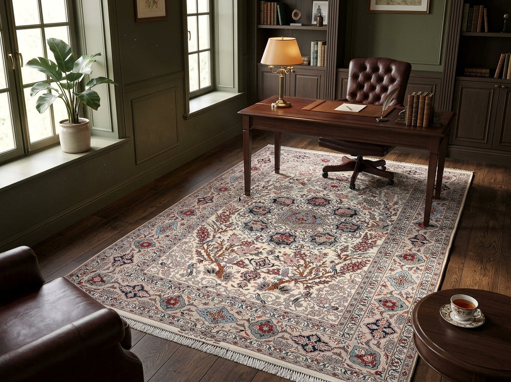 An ornate traditional area rug with a beige, blue, and red floral pattern.