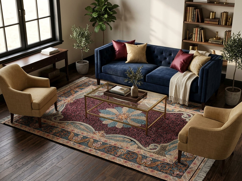 A styled living room scene featuring a deep blue velvet sofa with burgundy and beige pillows, flanked by two tan armchairs on a large ornate patterned area rug. A glass-top coffee table sits in the center, with a bookshelf and window in the background.