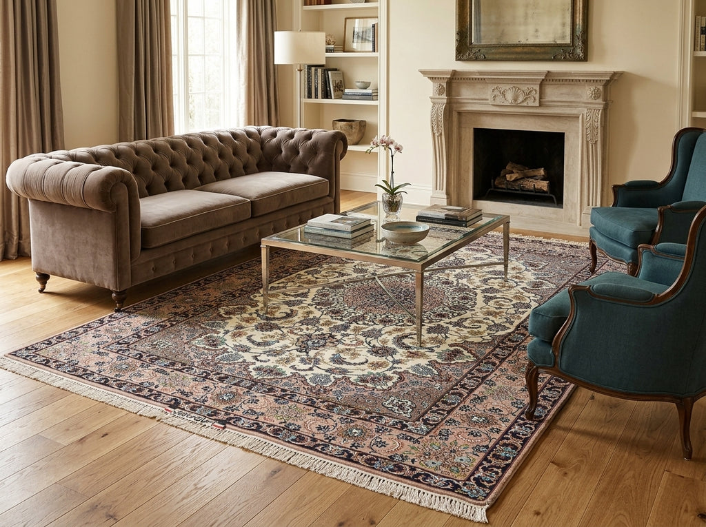 A styled living room featuring a large traditional oriental area rug with a floral pattern in beige, blue, and red tones. The rug is placed on a light wood floor, surrounded by a brown tufted sofa, a glass-top coffee table, and two teal armchairs.