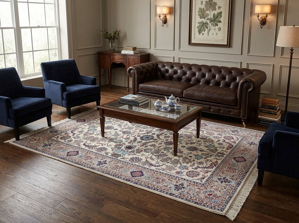 A styled living room featuring a large traditional patterned area rug.