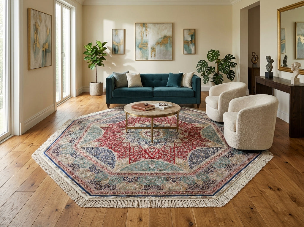 8 x 8 Feet Octagonal Handmade Silk Fancy Signed Rug #50359