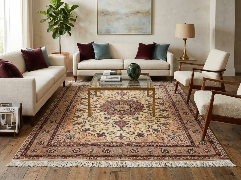 A large traditional area rug with a beige, red, and blue floral medallion pattern, styled in a mid-century modern living room with cream sofas, wooden chairs, and a glass-top coffee table.