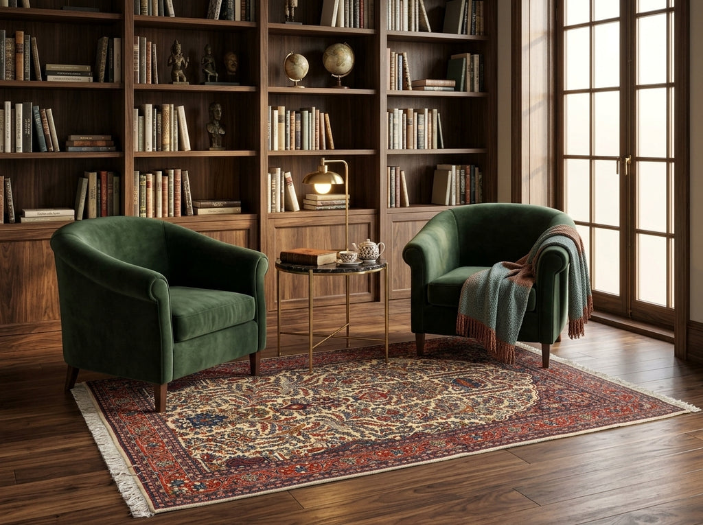 A styled interior scene with two dark green velvet armchairs placed on a large patterned area rug in a book-filled room. A small round side table sits between them, and a throw blanket rests over the right chair.