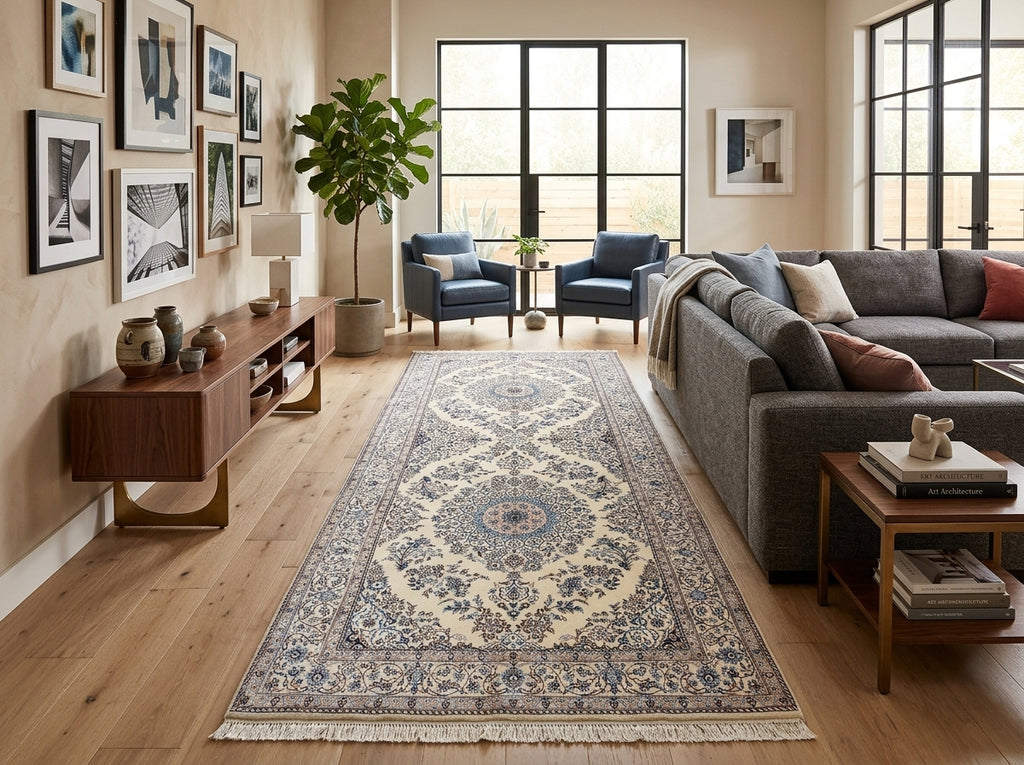 A long traditional-style area rug with a blue and beige medallion pattern is shown in a styled living room.