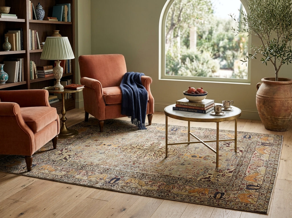 A styled living room scene featuring a large traditional oriental-style area rug in beige, blue, and rust tones. The rug is placed on a light wood floor, surrounded by two rust-orange armchairs, a round white coffee table with gold legs, a bookshelf, and a large potted olive tree by an arched window.