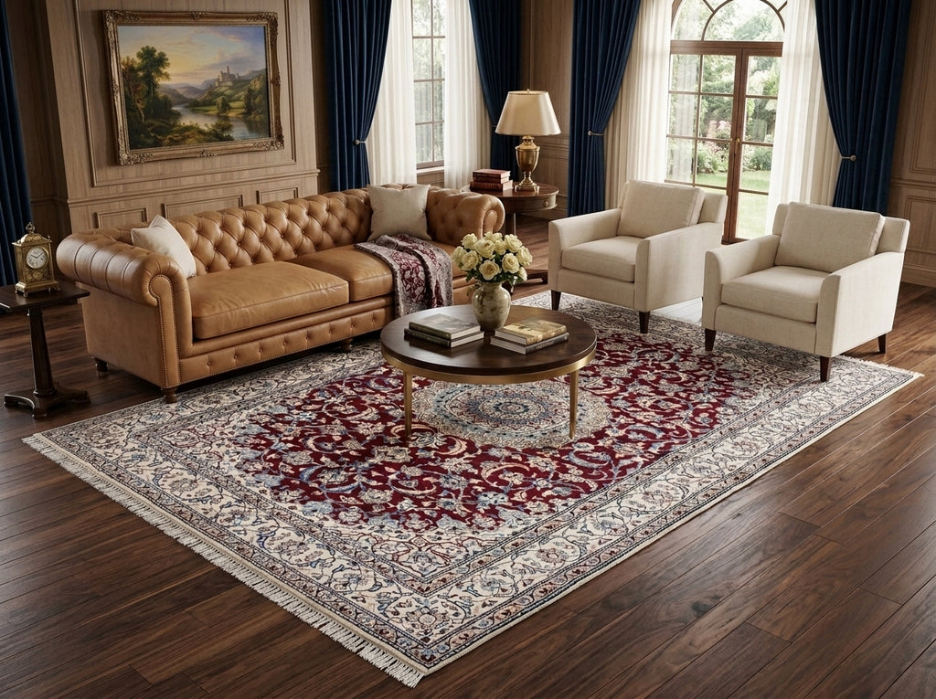 A large traditional Persian-style area rug with a red, beige, and blue pattern is displayed in a beautifully styled living room.