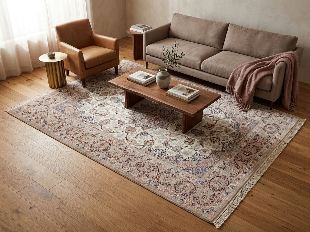 A large traditional-style area rug with an intricate floral and medallion pattern in beige, dusty pink, and muted blue, styled in a warm, modern living room.
