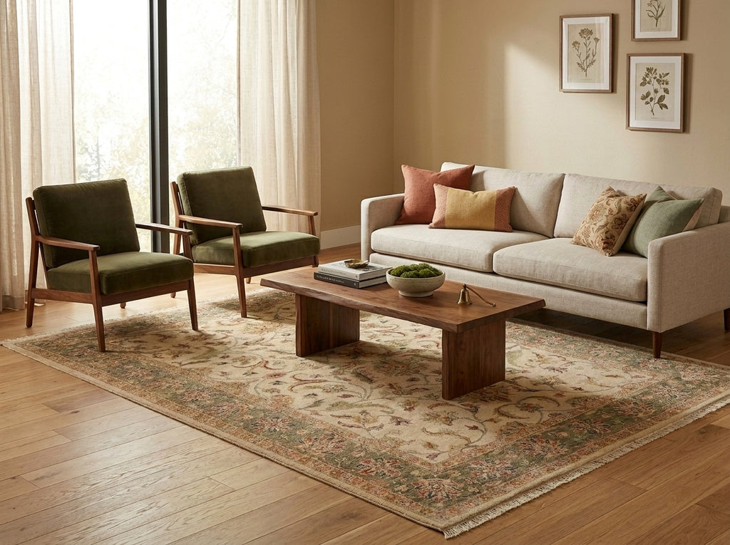 A styled living room featuring a light beige sofa with accent pillows, two green upholstered wooden armchairs, a rectangular wooden coffee table, and a large traditional patterned area rug on a hardwood floor.