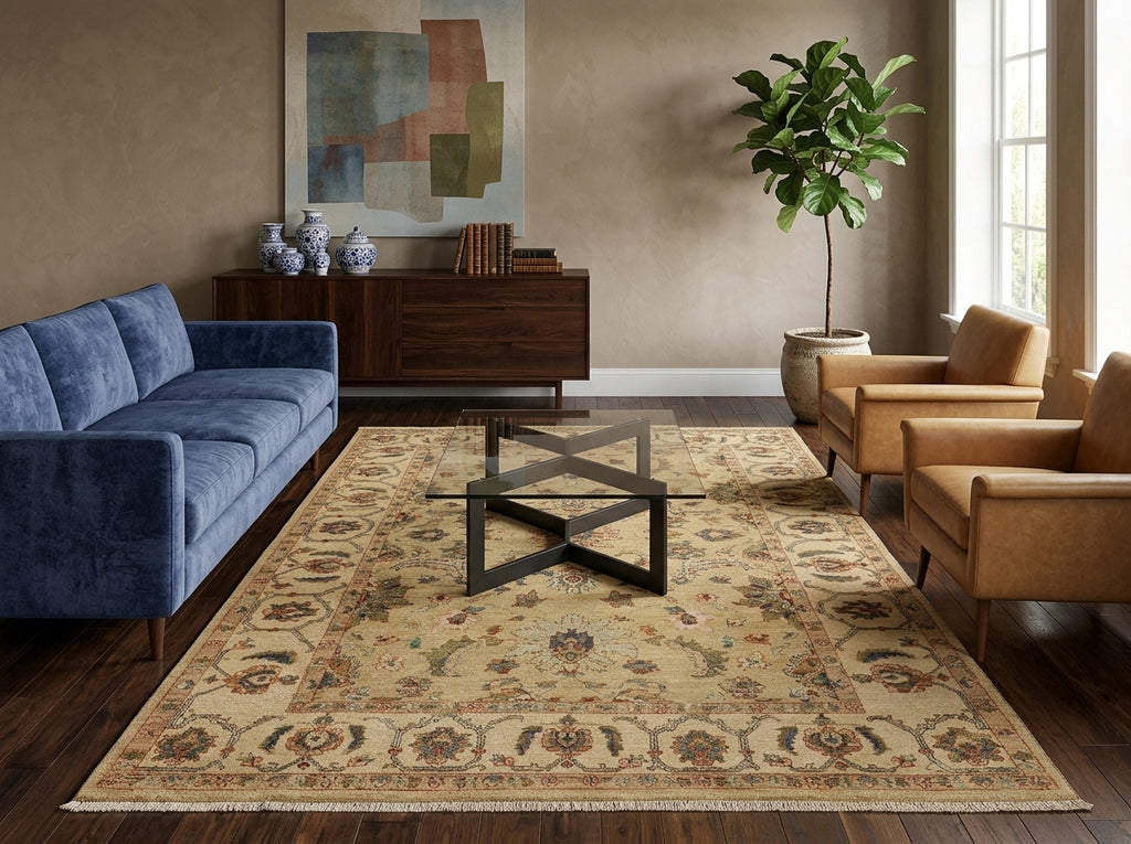 A large traditional-style area rug in beige and brown tones with ornate floral motifs.