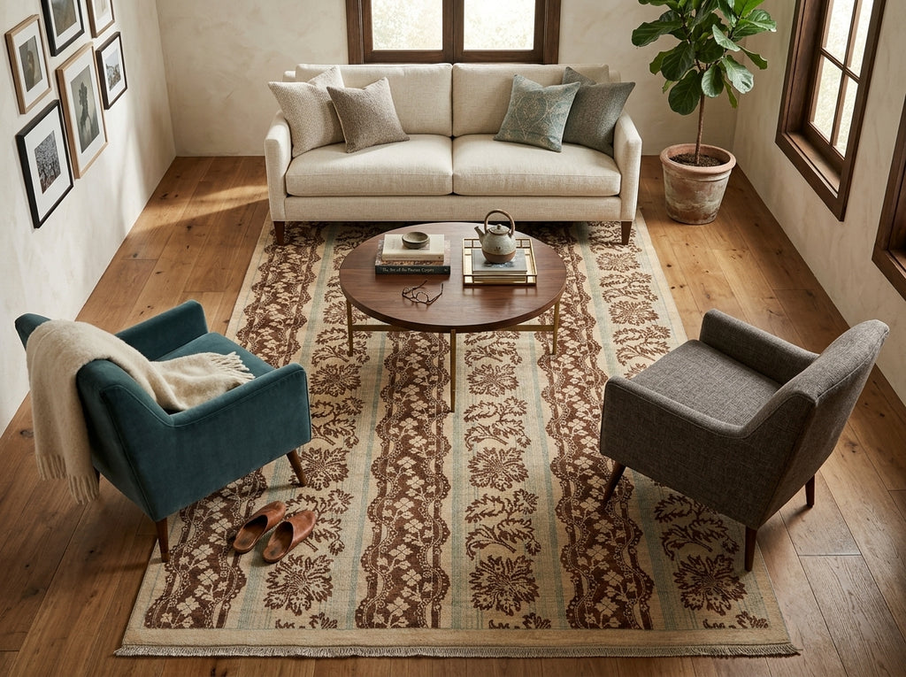 A styled living room scene featuring a large rectangular area rug with a beige and brown floral pattern, placed under a round wooden coffee table. The room includes a cream-colored sofa, two accent chairs (one teal, one gray), wood floors, and a potted plant.