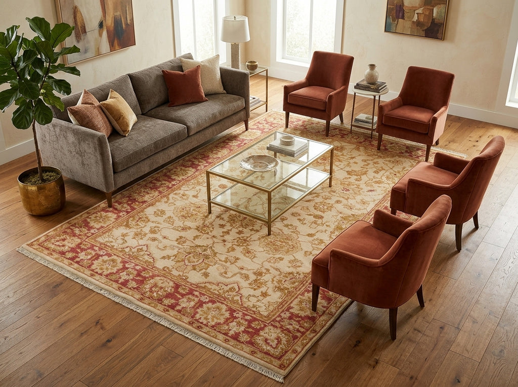 A styled living room featuring a large traditional patterned area rug in beige and red.