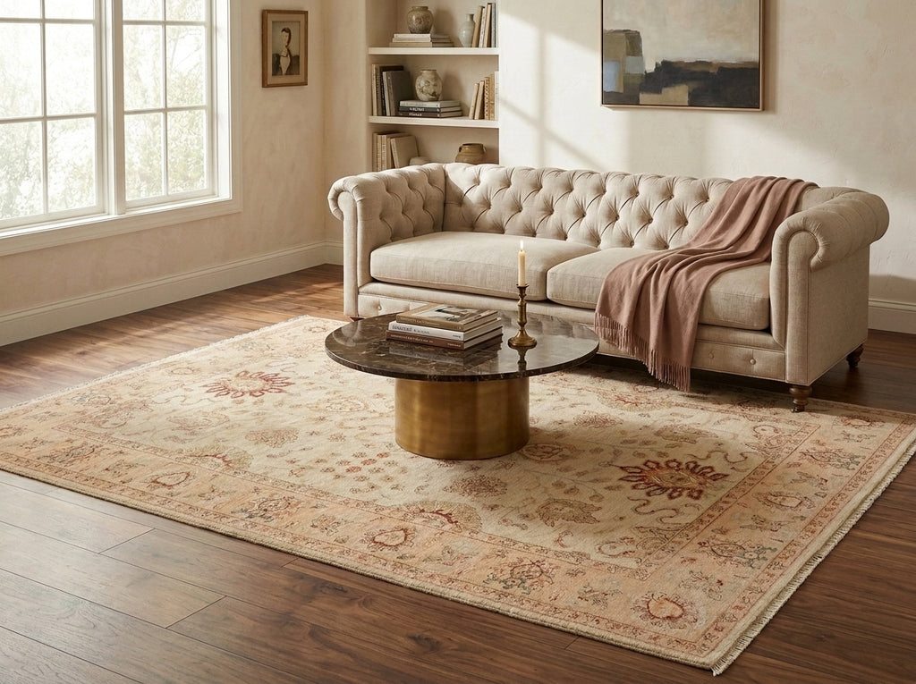 A large traditional-style area rug in beige and muted red tones, styled in a living room.
