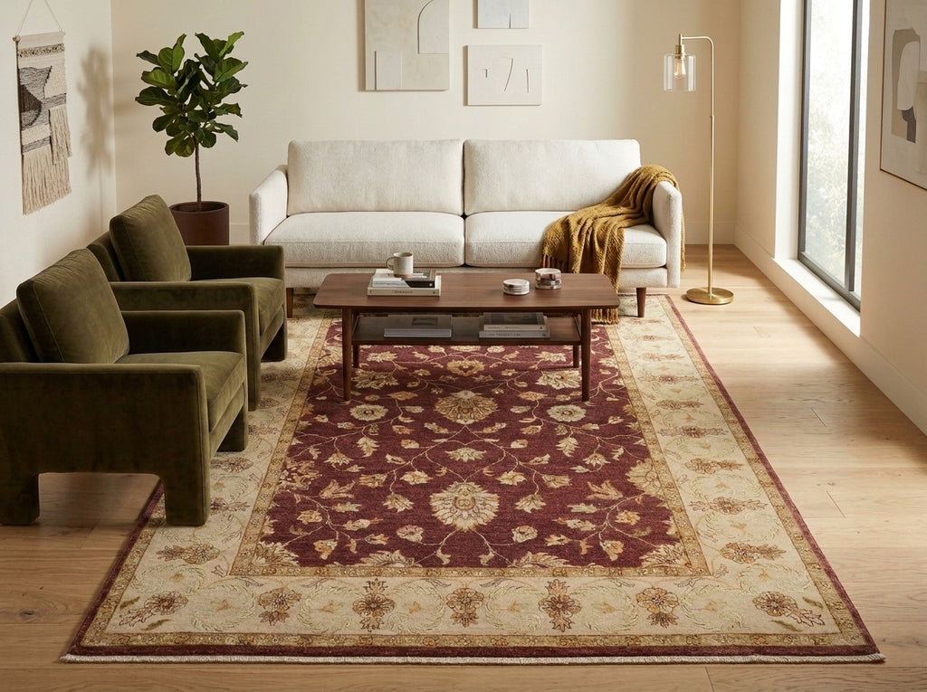 A large traditional-style area rug with a burgundy and beige floral pattern is shown in a modern living room setting with a white sofa, olive green armchairs, a wooden coffee table, and a potted plant.