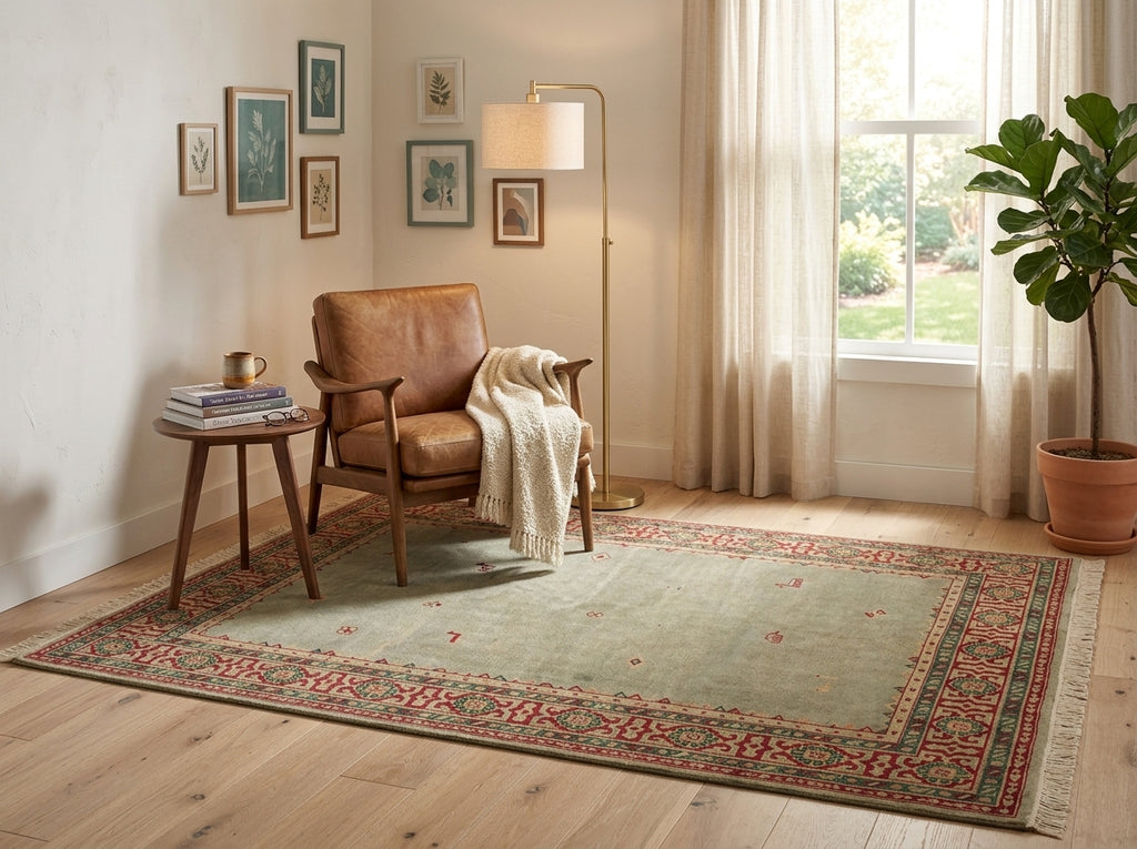 A traditional area rug with a muted sage green center and a red, blue, and beige patterned border.