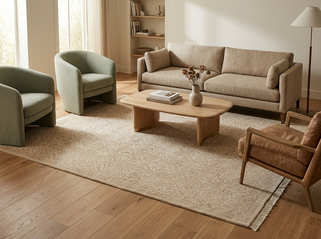 A styled living room scene featuring a large beige textured area rug on a hardwood floor, with a beige sofa, two green armchairs, a light wood coffee table, and a brown accent chair.