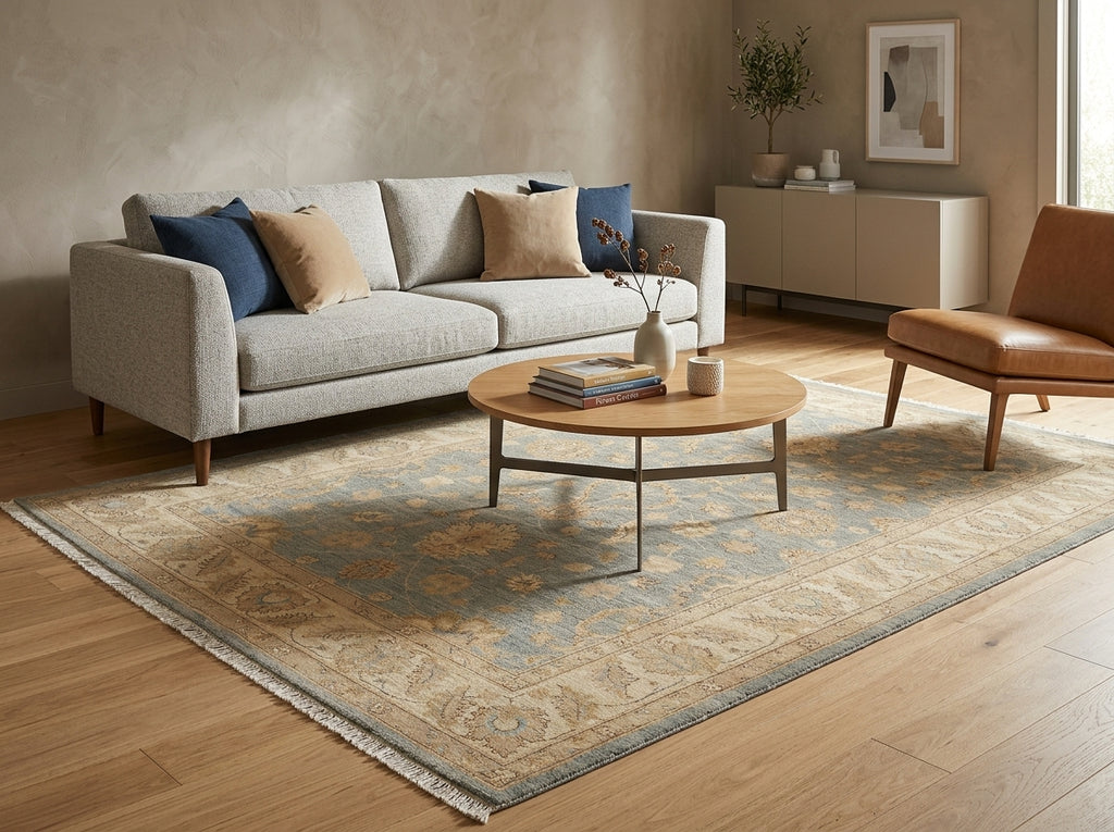 A styled living room scene featuring a large traditional-style area rug in beige and muted blue tones.