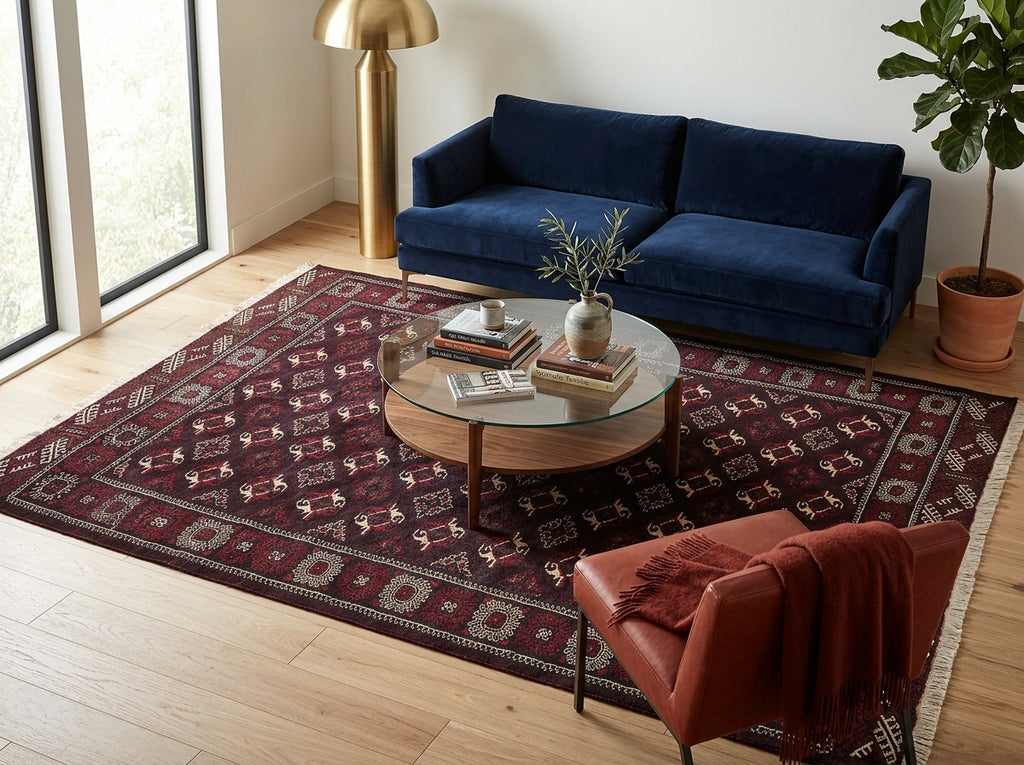 A large traditional-style area rug with a dark red and beige geometric pattern is styled in a bright living room.