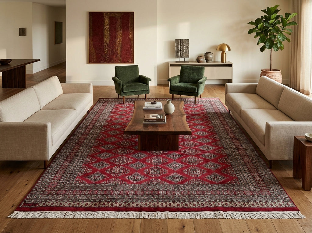 A large traditional-style area rug with a red, beige, and gray geometric pattern and fringe, styled in a modern living room with two beige sofas, green armchairs, and a wooden coffee table.
