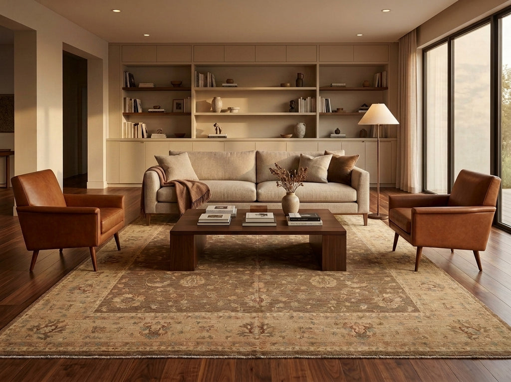 A styled living room featuring a large beige patterned area rug under a dark wood coffee table, flanked by two brown leather armchairs and a light beige sofa, set against a built-in wood bookshelf wall.