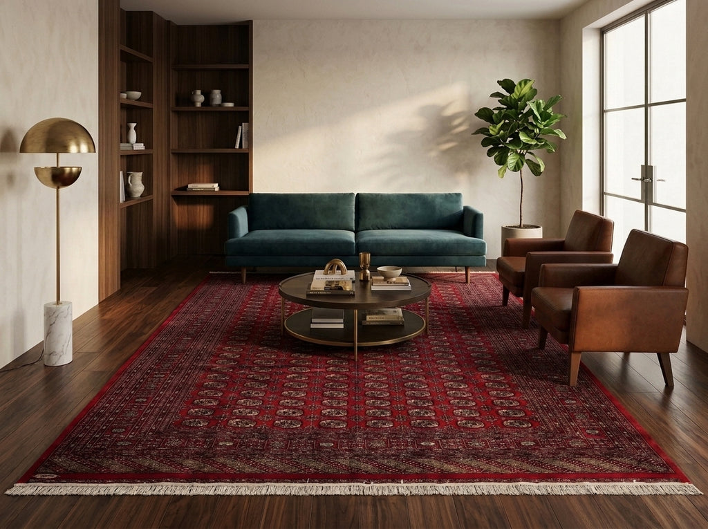 A large red and navy patterned area rug with fringe, styled in a modern living room with a teal sofa, brown leather armchairs, a round coffee table, and a gold floor lamp.